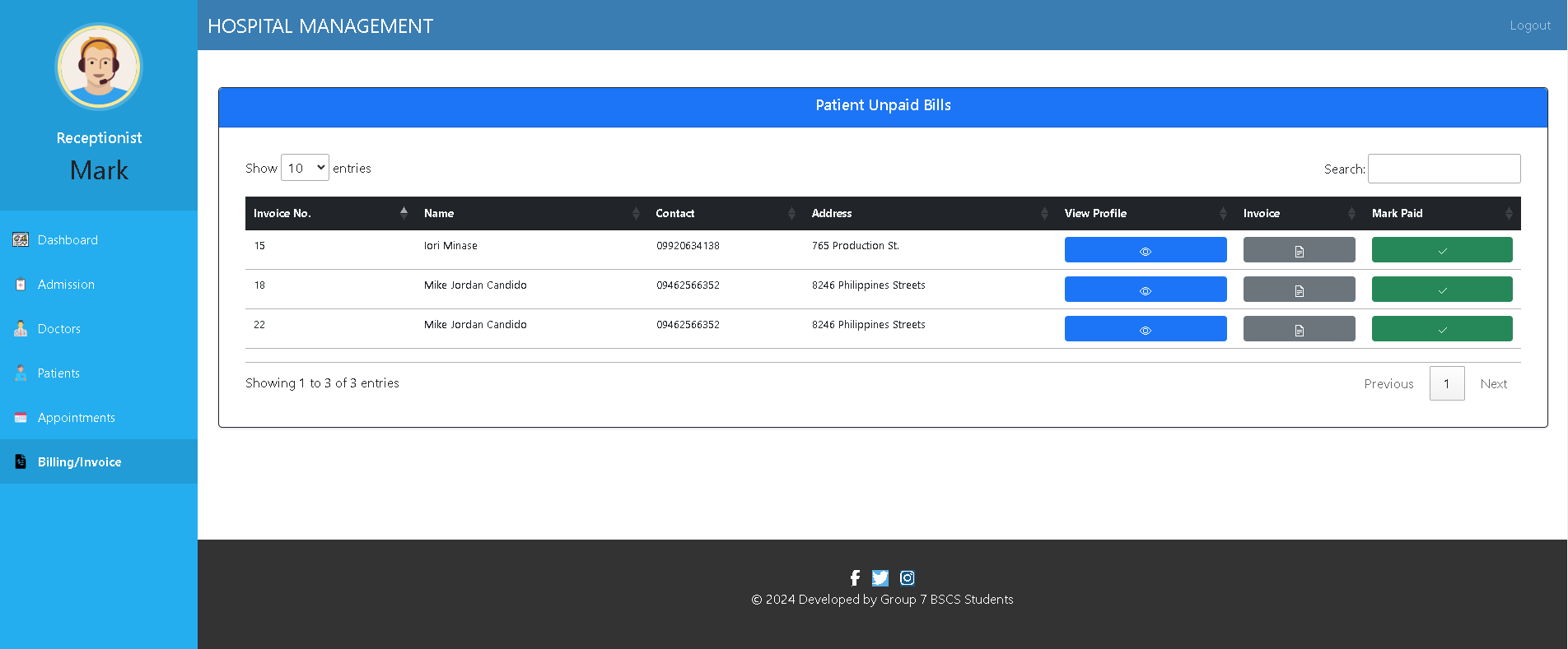 Receptionist Payment Management